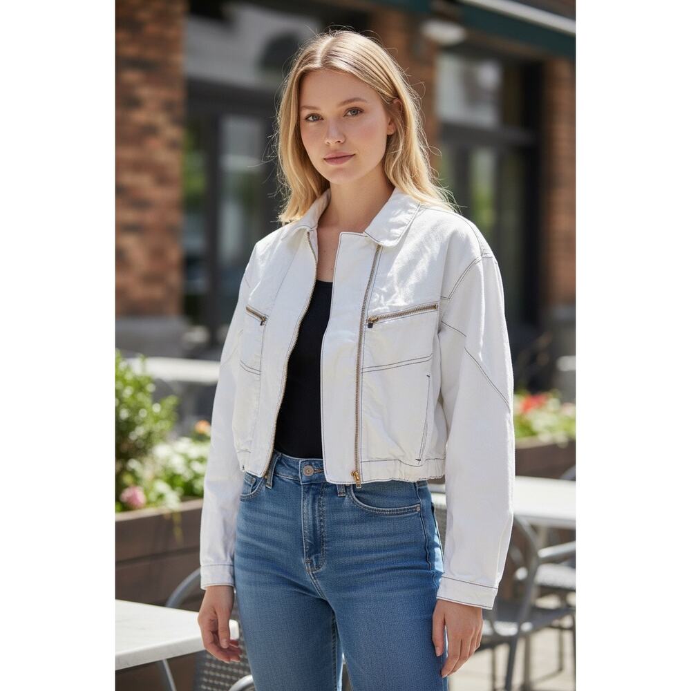 We The Free Pilcro Cropped Bomber Jacket White Asymmetrical Zip Medium NWOT